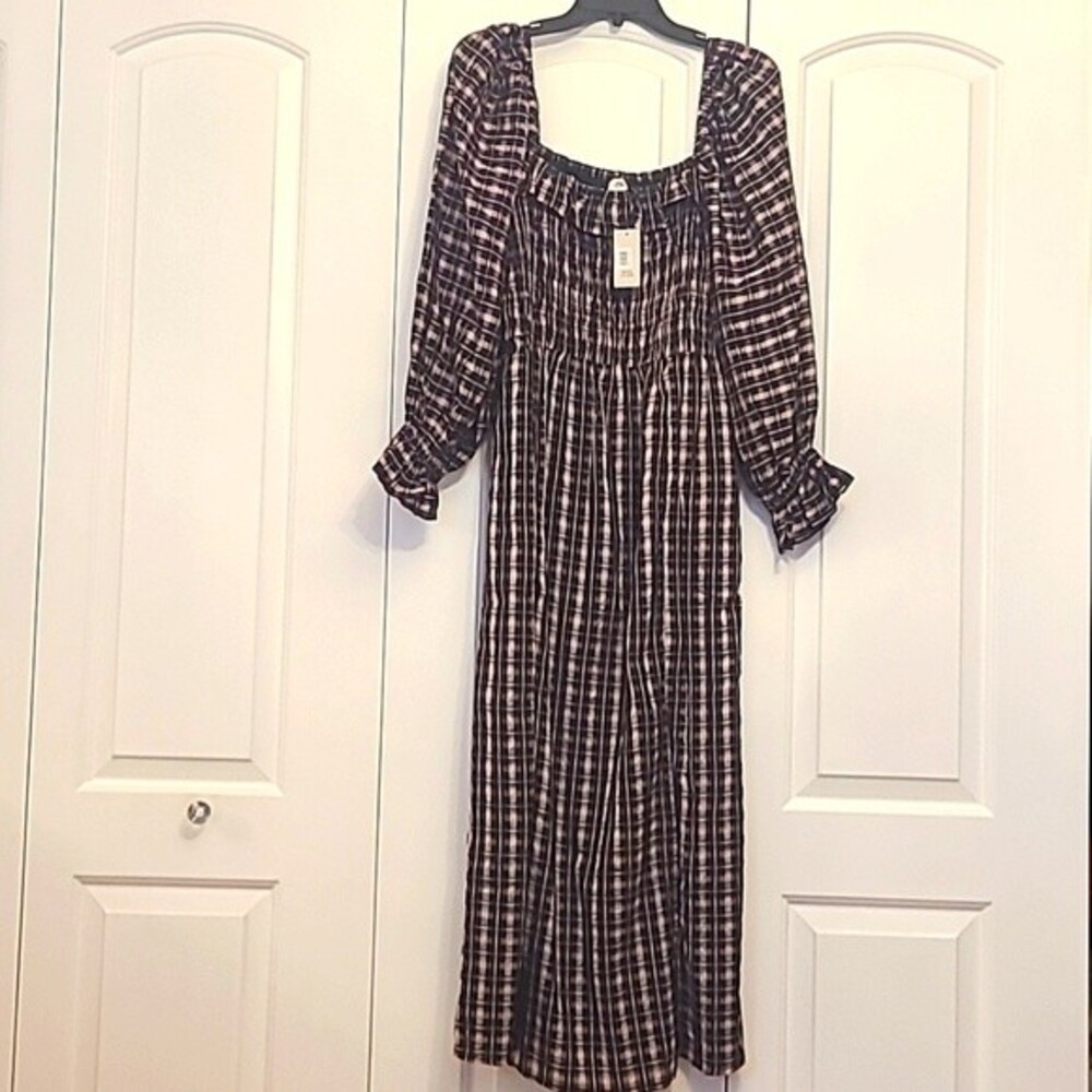 River Island shirred square neck check midi dress black/pink Size 10